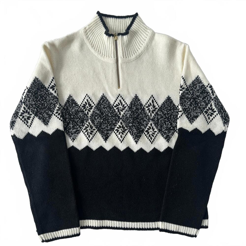 VTG Vuarnet Sport Women's Cream/Balck Fair Isle Knit Sweater with Zip Collar- M